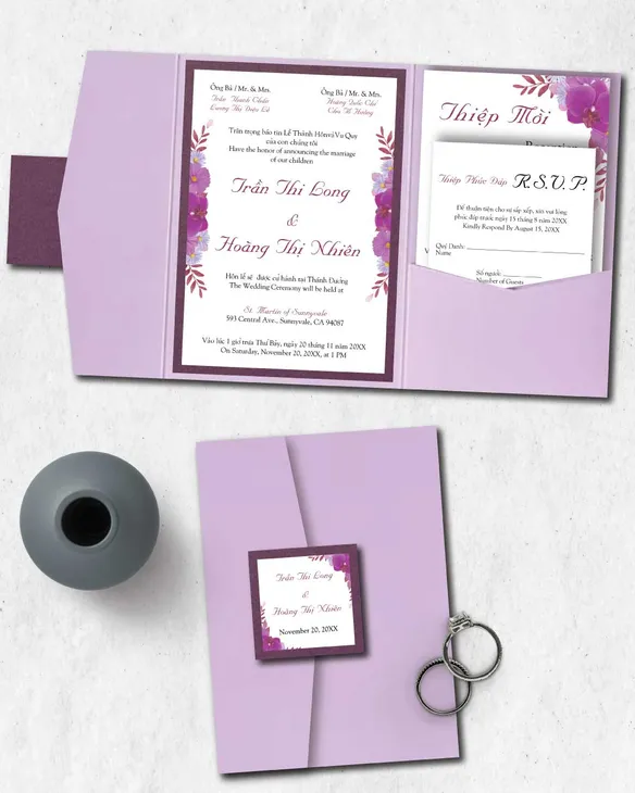 Intense Violet Flowers A7 Himalaya Pocket Vietnamese & English Wedding Invitation