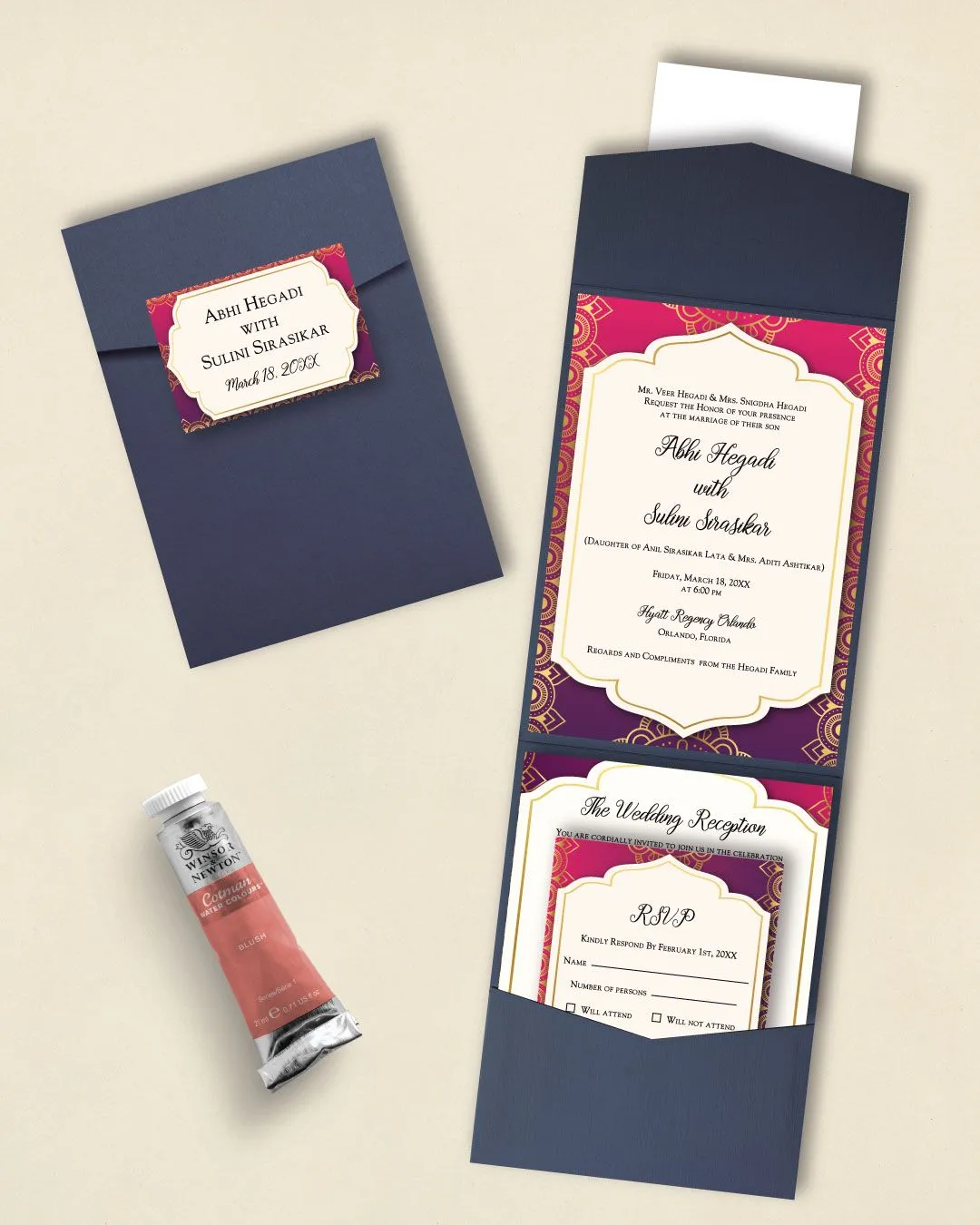 Red to Purple Gradient A7 Cascade Pocket Wedding Invitation