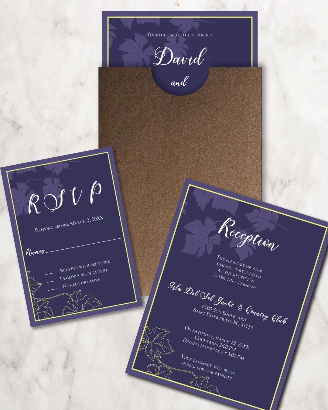 Elegant Purple Leaves A7 Sleeve Pocket Wedding Invitation