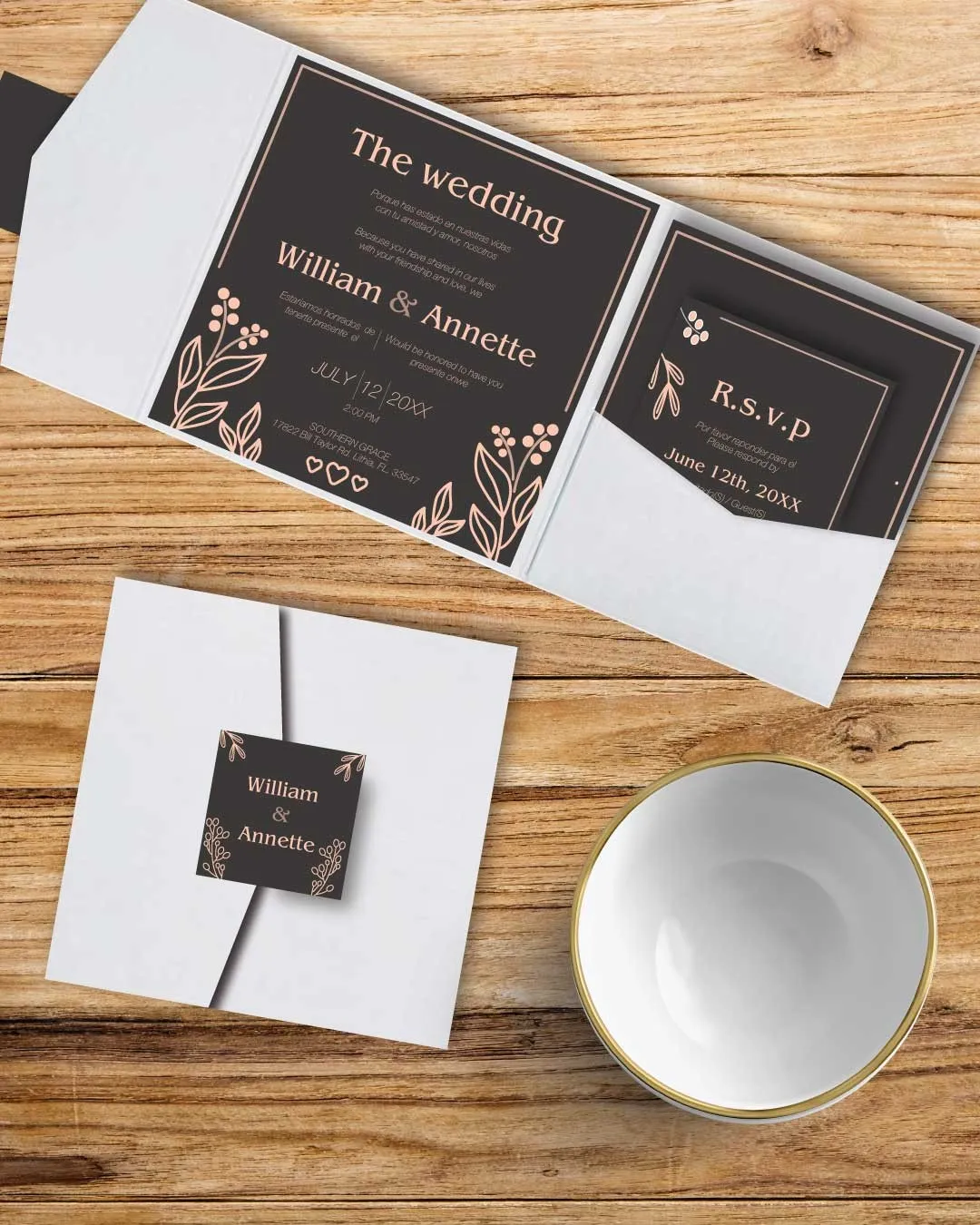 Simple Design with Flowers 6 1/4 Square Himalaya Pocket Spanish & English Wedding Invitation