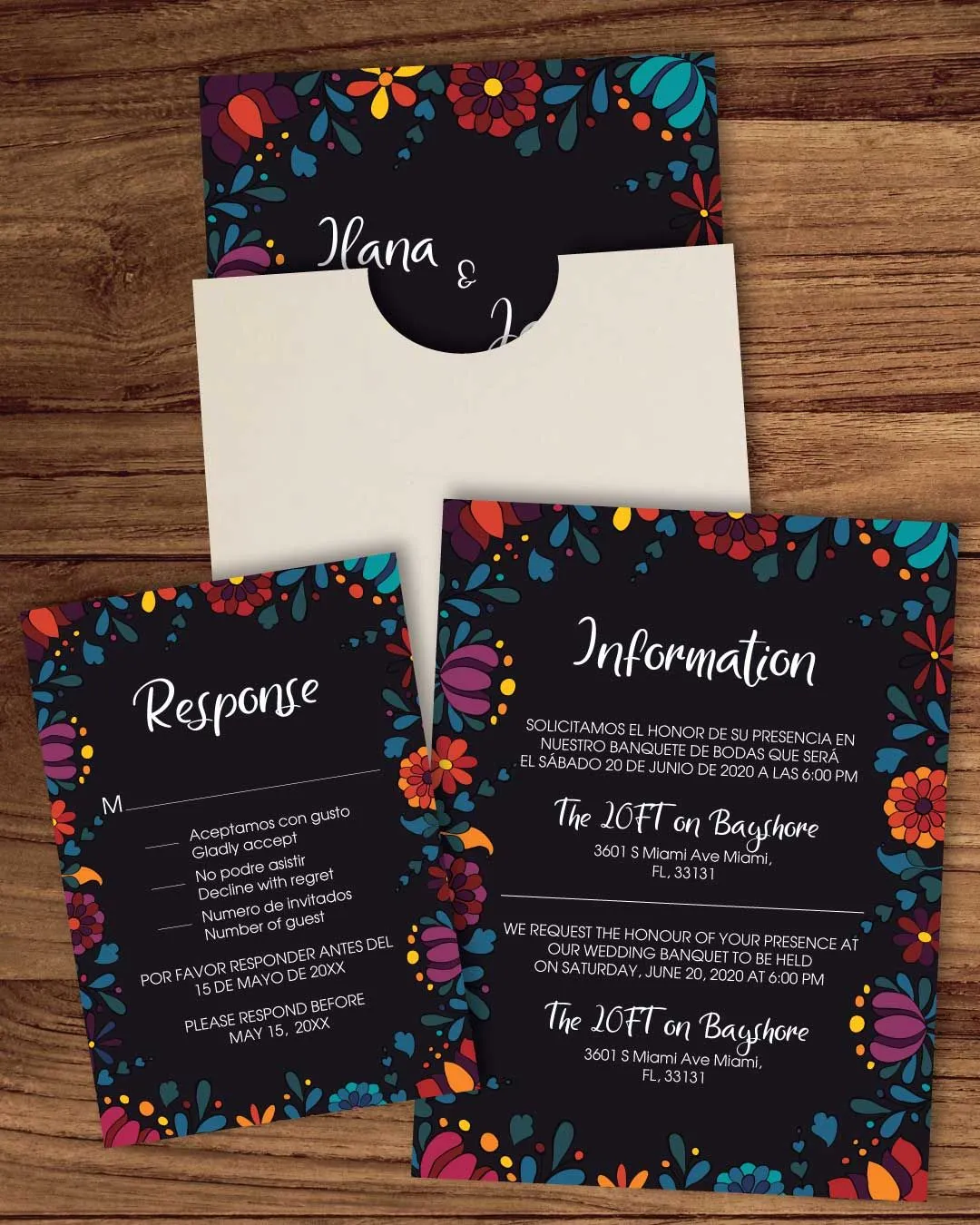 Creative Mexican Design A7 Sleeve Pocket Spanish & English Wedding Invitation