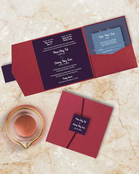 Basic Colors 6 1/4 Square Himalaya Pocket Vietnamese & English Wedding Invitation