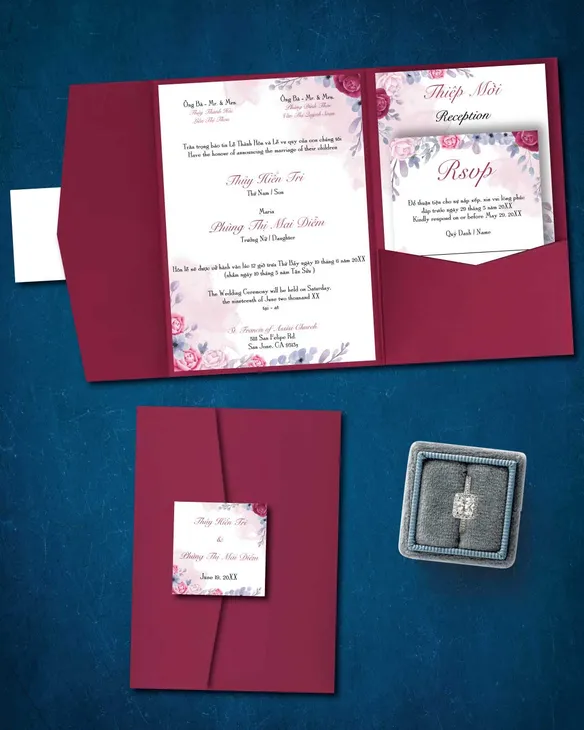 Intense Burgundy Flowers A7 Himalaya Pocket Wedding Invitation