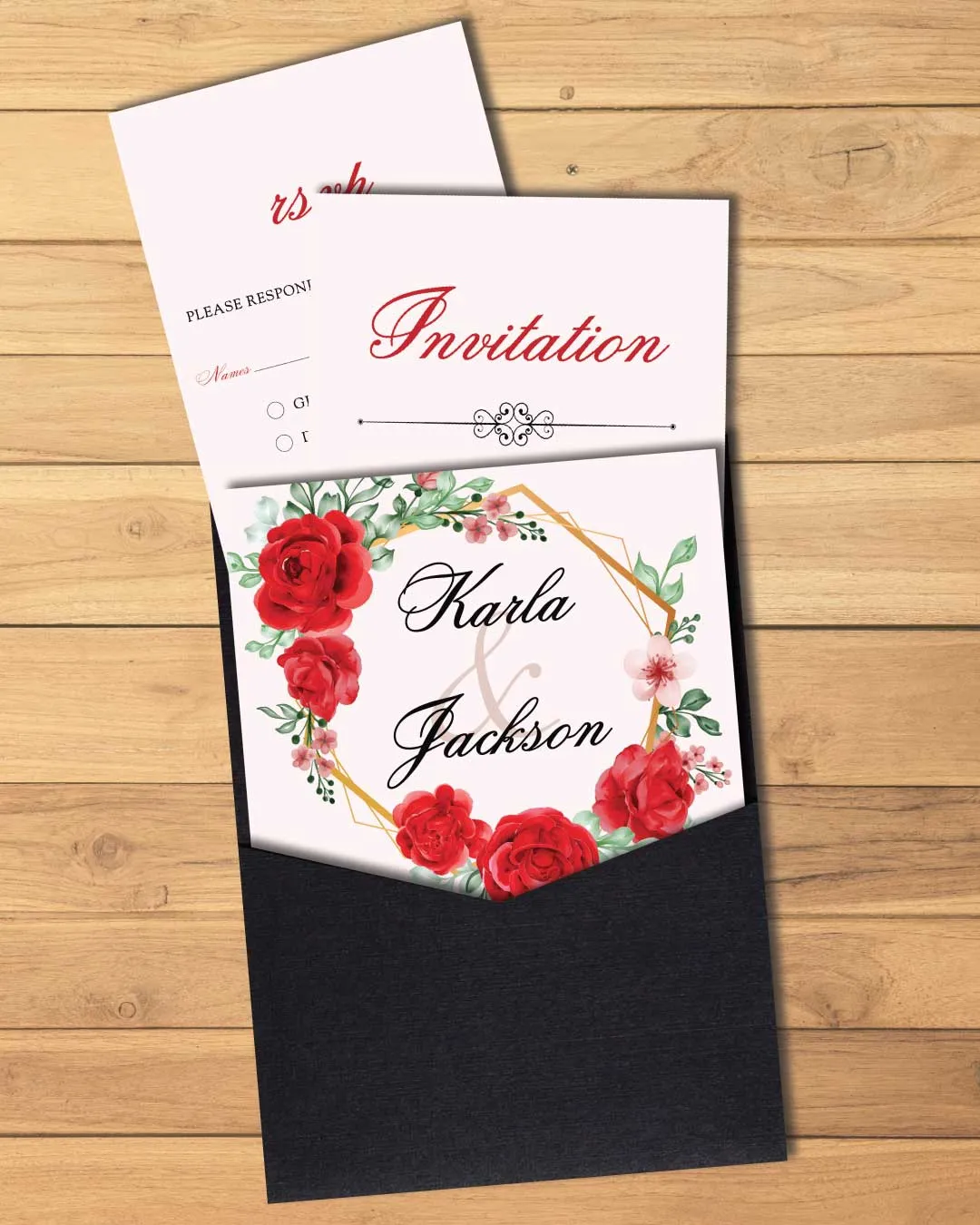 Gold Frame Roses A7 Denali Pocket Wedding Invitation