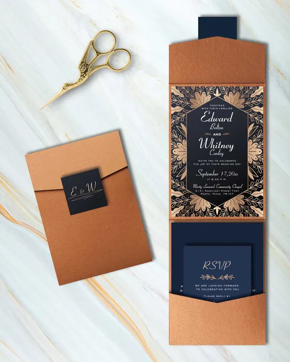 Splendid Gold Leaf A7 Cascade Pocket Wedding Invitation