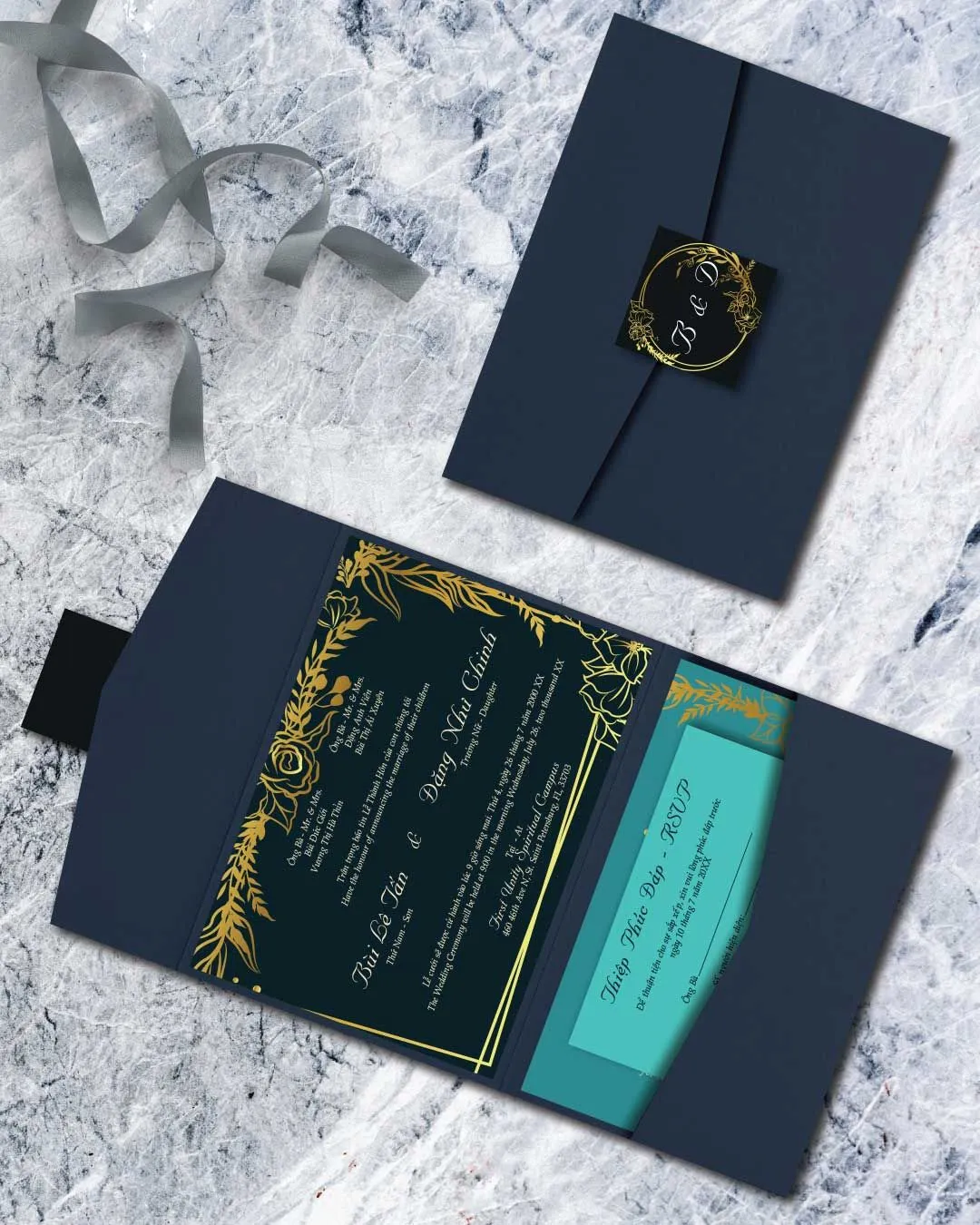Gold Leaf Frame A7 Atlas Pocket Vietnamese & English Wedding Invitation