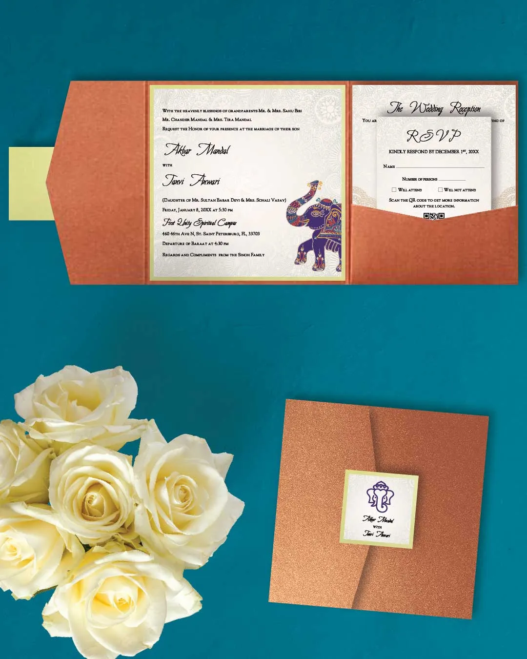 Elephant Design 6 1/4 Square Himalaya Pocket Wedding Invitation
