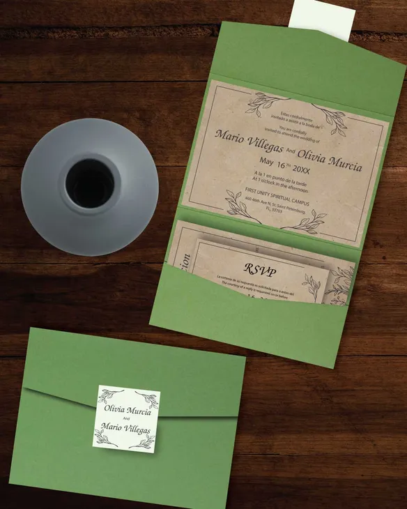 Rustic with Black Leaves A7 Atlas Pocket Spanish & English Wedding Invitation