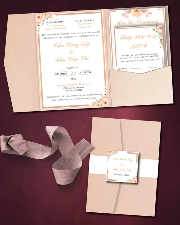 Spring Flowers Tan A7 Himalaya Pocket Vietnamese & English Wedding Invitation