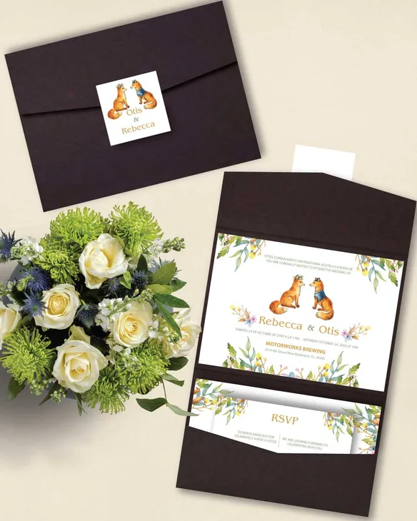 Pair of Foxes A7 Atlas Pocket Spanish & English Wedding Invitation