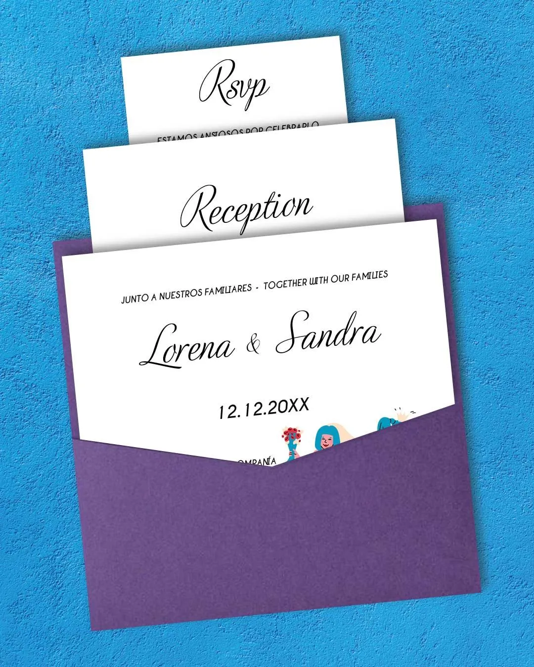 Same Sex Couple 6 1/4 Square Denali Pocket Spanish & English Wedding Invitation