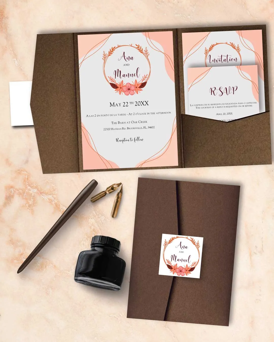 Boho Style Pink A7 Himalaya Pocket Spanish & English Wedding Invitation