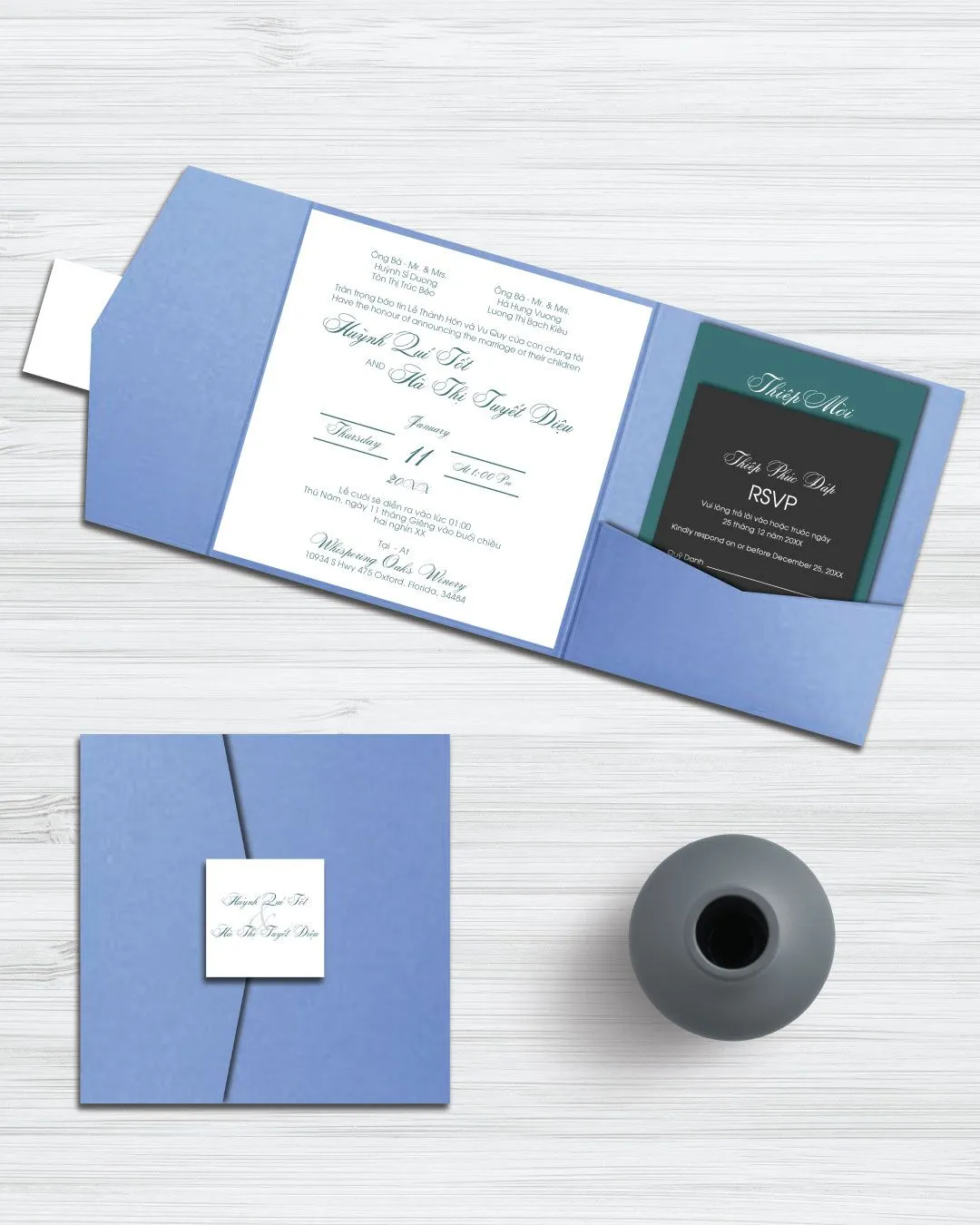 Simple Solid Color Design 6 1/4 Square Himalaya Pocket Vietnamese & English Wedding Invitation