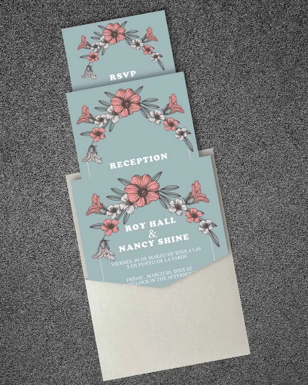 Semi Arch Flowers A7 Denali Pocket Spanish & English Wedding Invitation