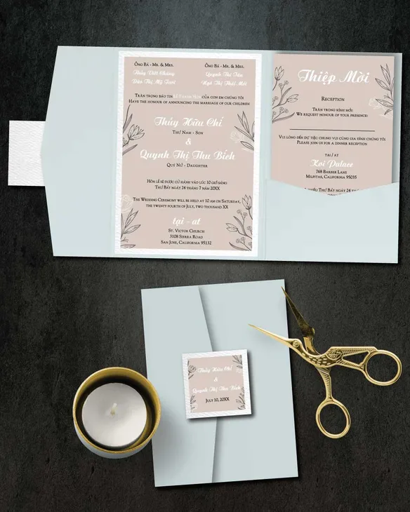 Peach White Letters A7 Himalaya Pocket Vietnamese & English Wedding Invitation