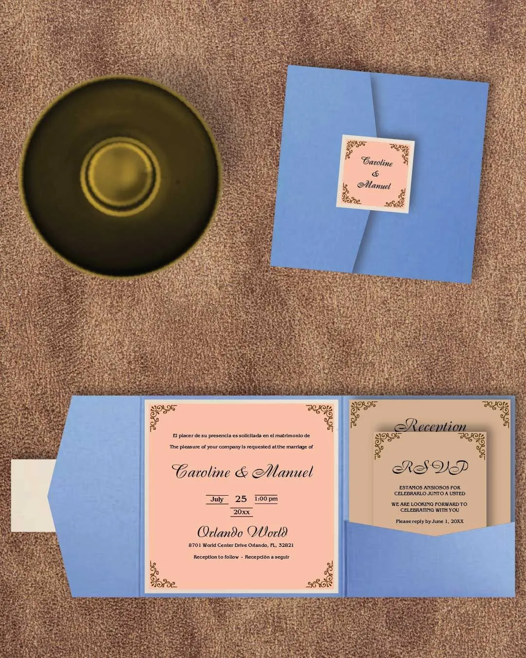 Elegant Corners 6 1/4 Square Himalaya Pocket Spanish & English Wedding Invitation