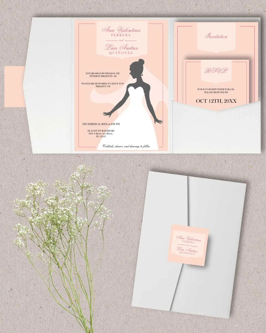 Bride Drawing Pink A7 Himalaya Pocket Spanish & English Wedding Invitation