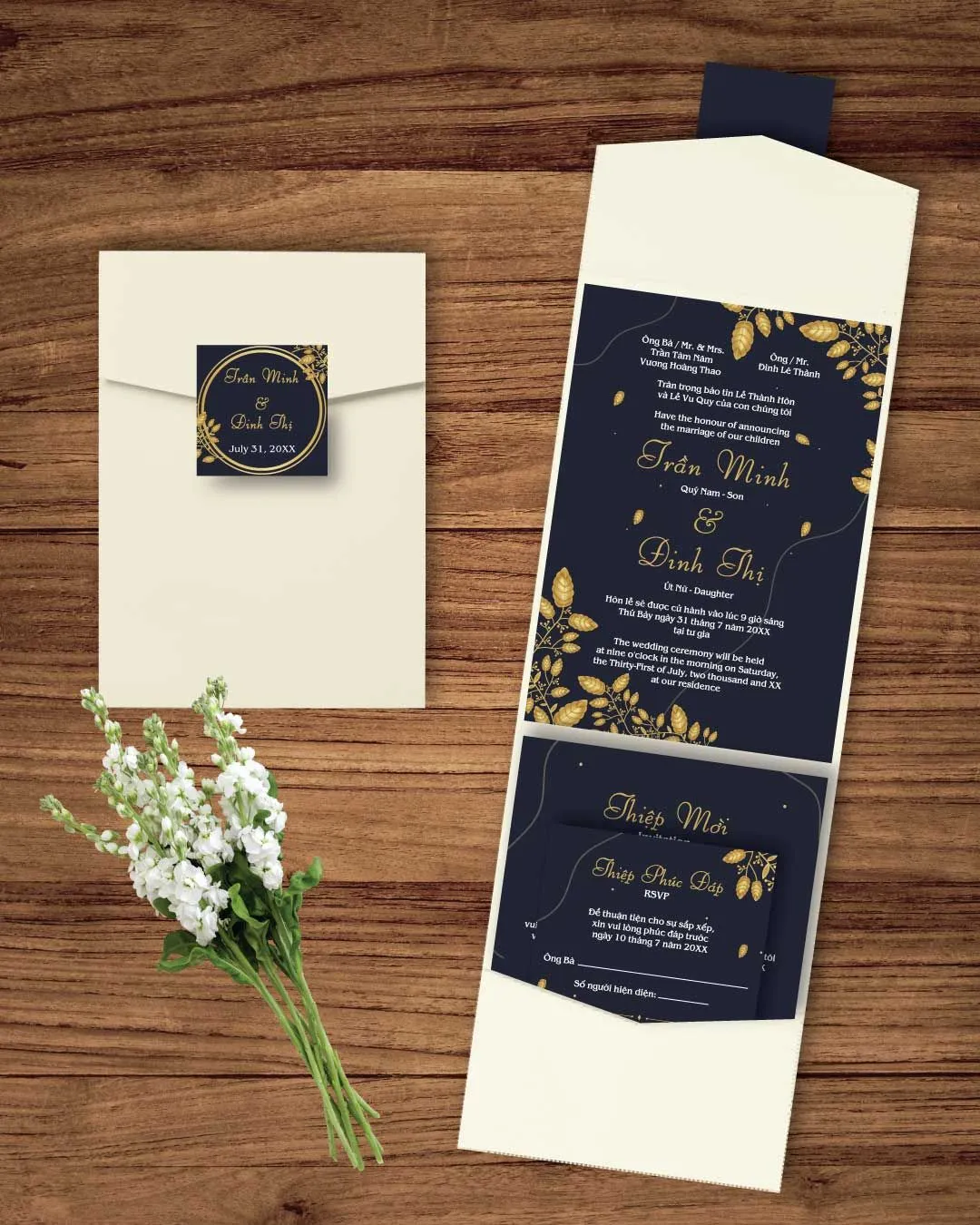 Realistic Luxury A7 Cascade Pocket Vietnamese & English Wedding Invitation