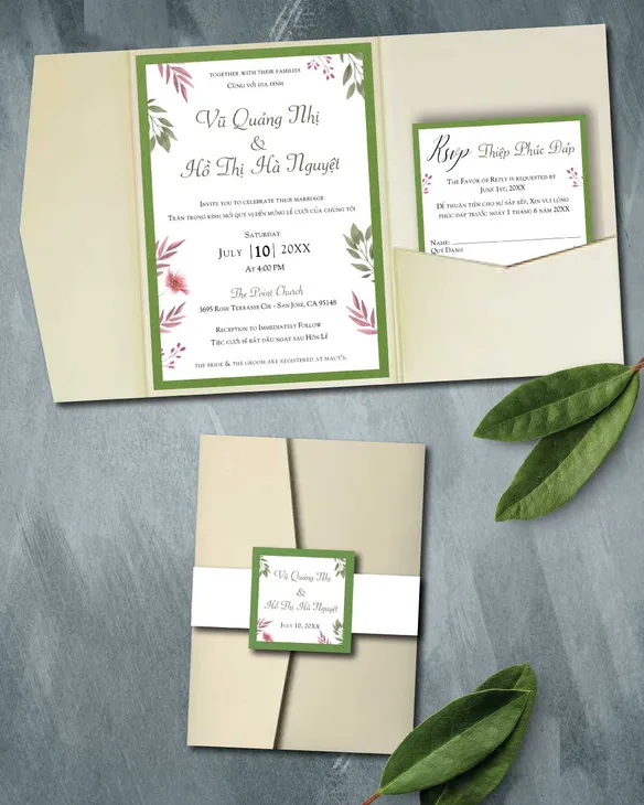 Green And Pink Leaves A7 Himalaya Pocket Vietnamese & English Wedding Invitation