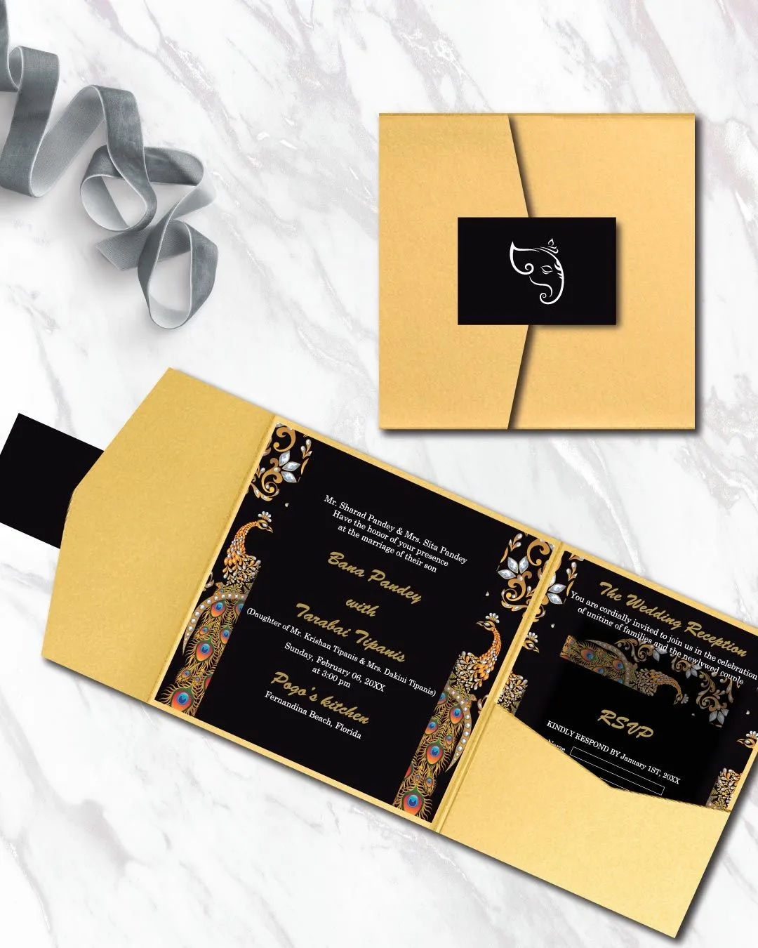 Elegant Bejeweled Peacock 6 1/4 Square Himalaya Pocket Wedding Invitation