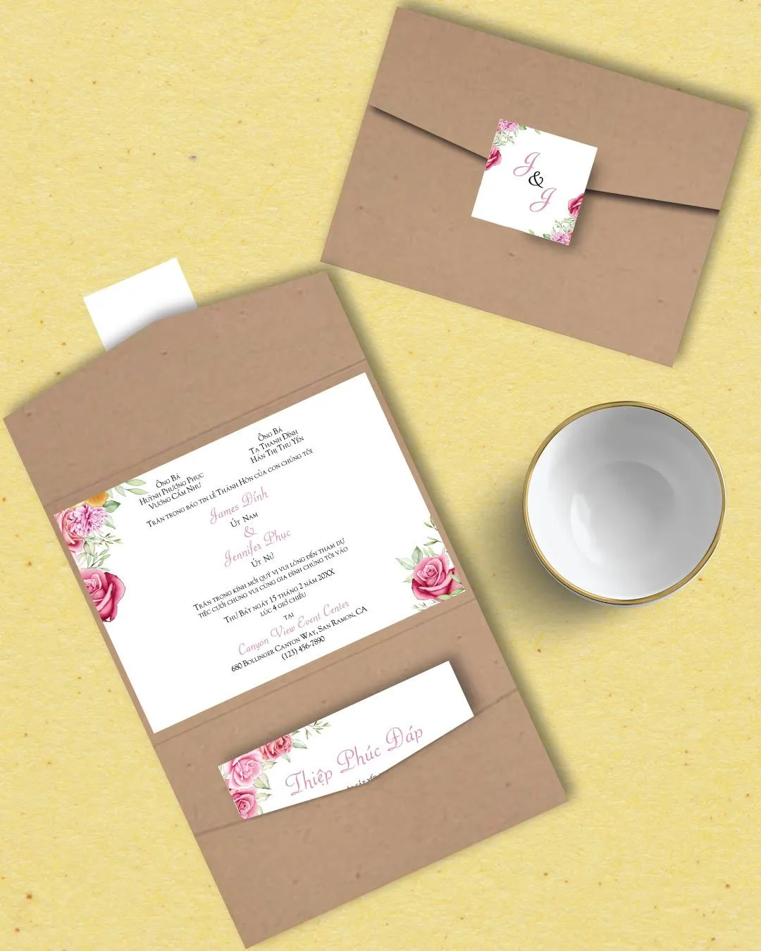 Gorgeous Flowers A7 Atlas Pocket Wedding Invitation 1