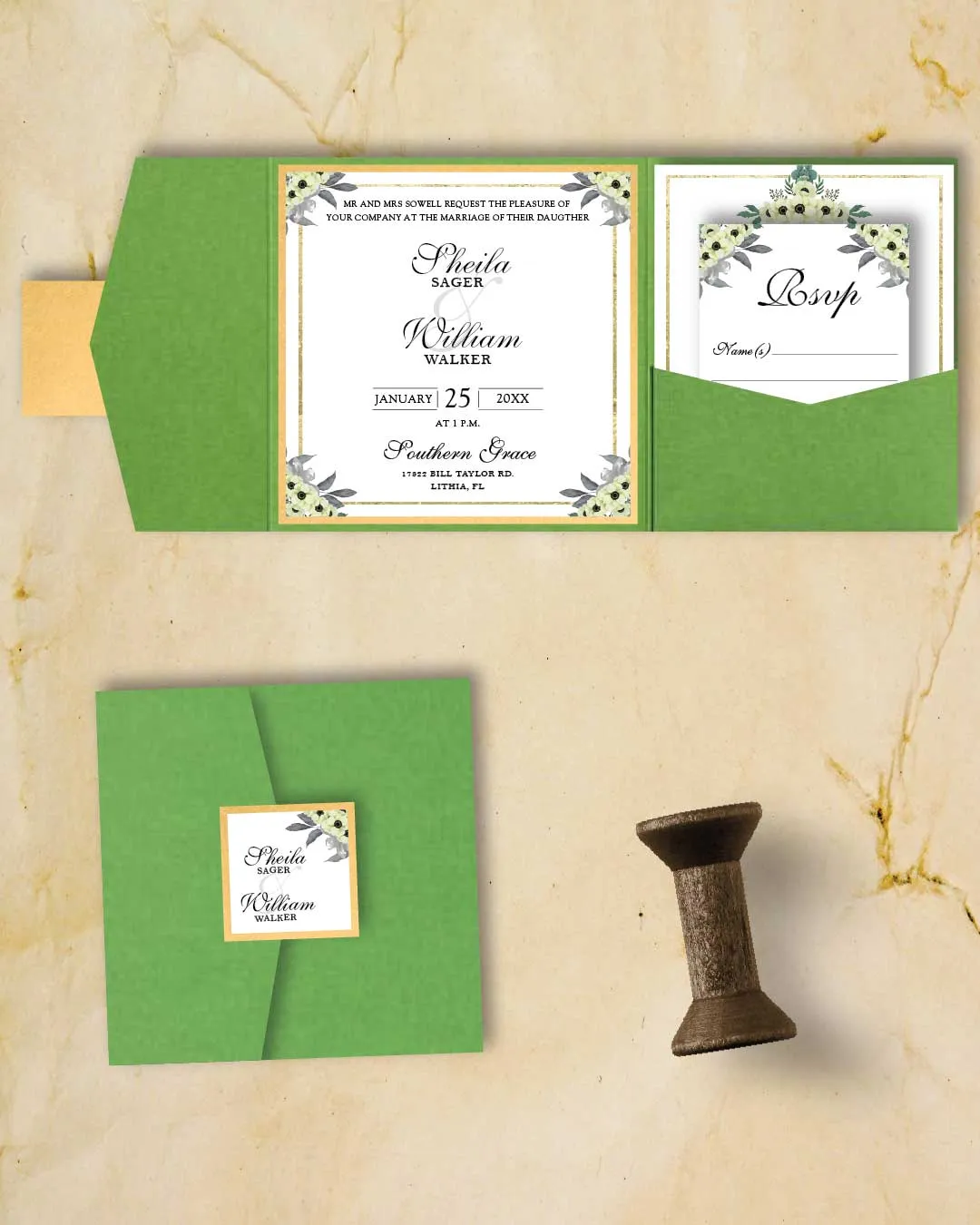 Elegant Flower Bouquets 6 1/4 Square Himalaya Pocket Wedding Invitation