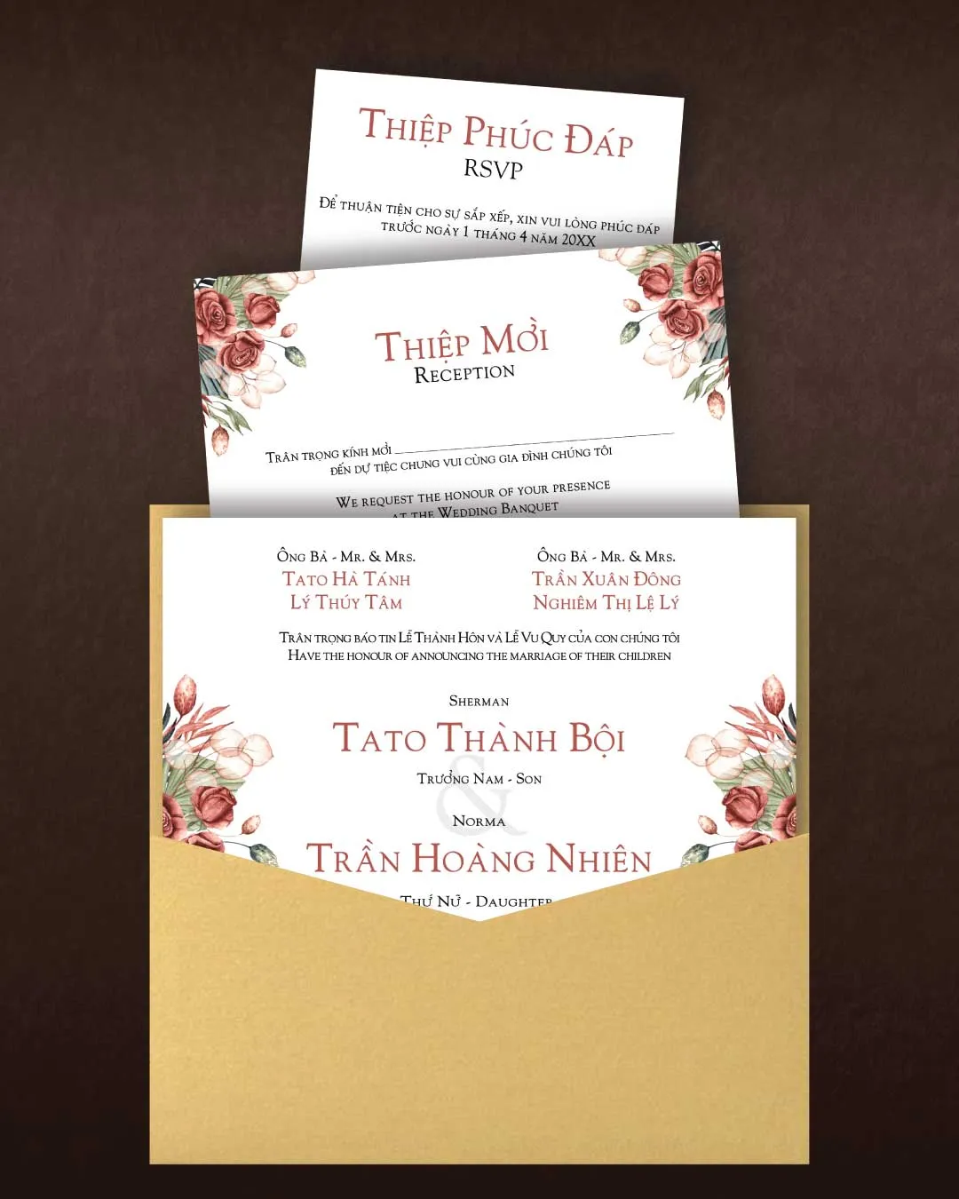Classic Serious Roses 6 1/4 Square Denali Pocket Vietnamese & English Wedding Invitation