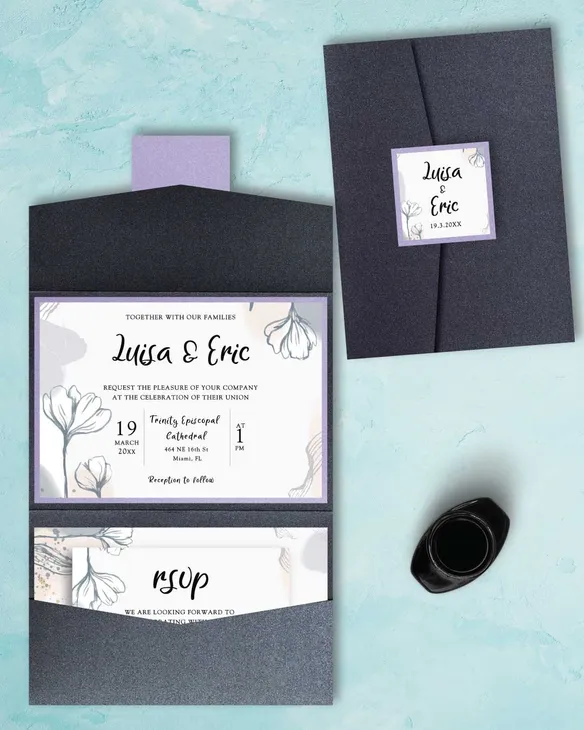Simple Gray Outlined Flowers A7 Atlas Pocket Wedding Invitation