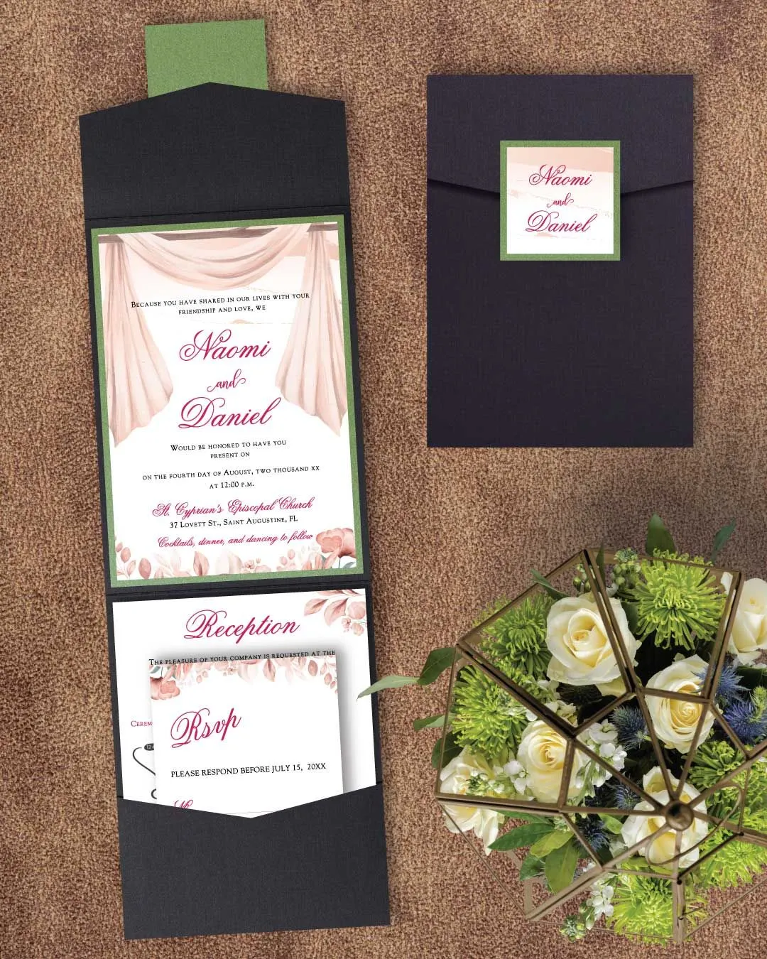 Curtain and Pink Flowers A7 Cascade Pocket Wedding Invitation