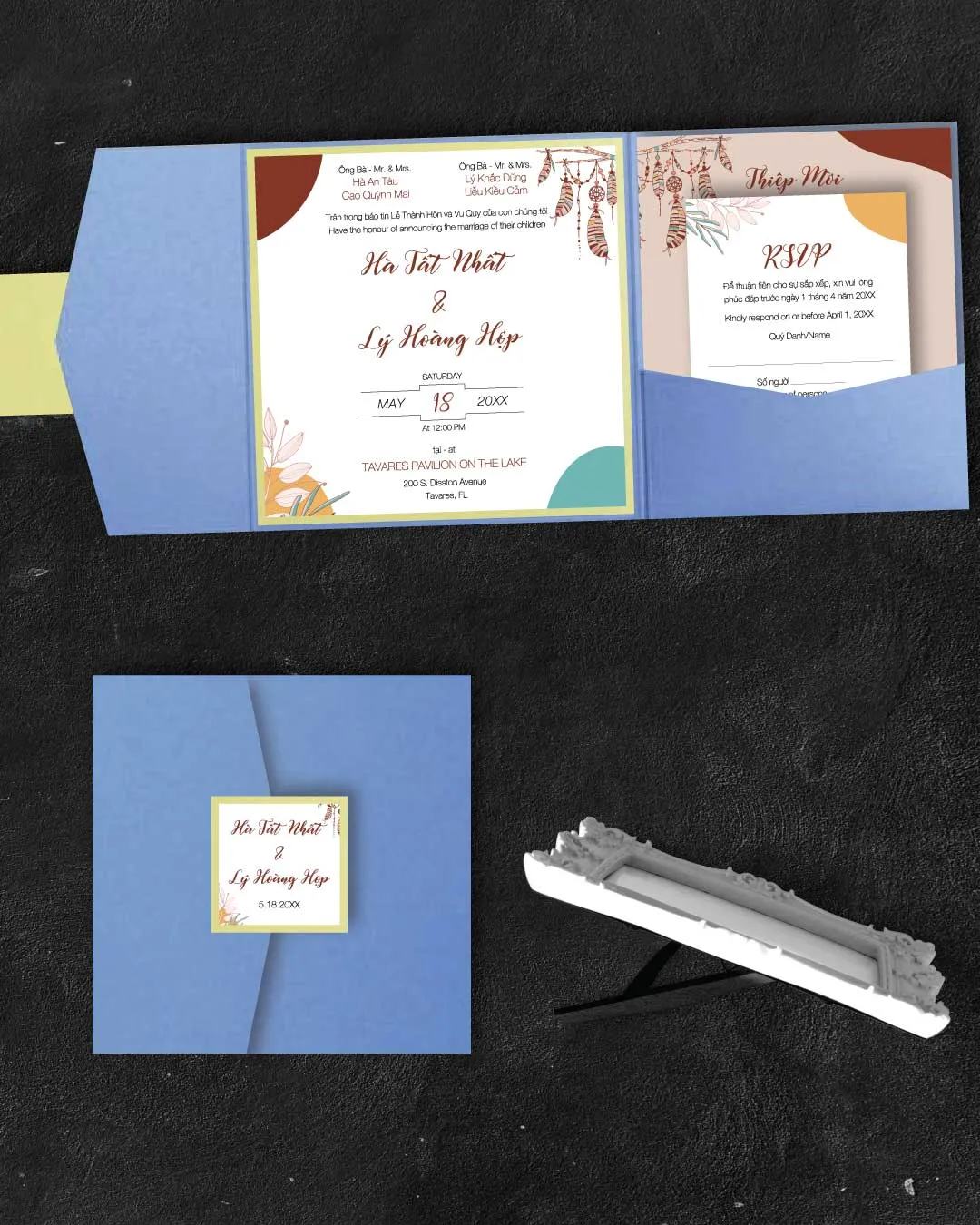 Boho 6 1/4 Square Himalaya Pocket Vietnamese & English Wedding Invitation