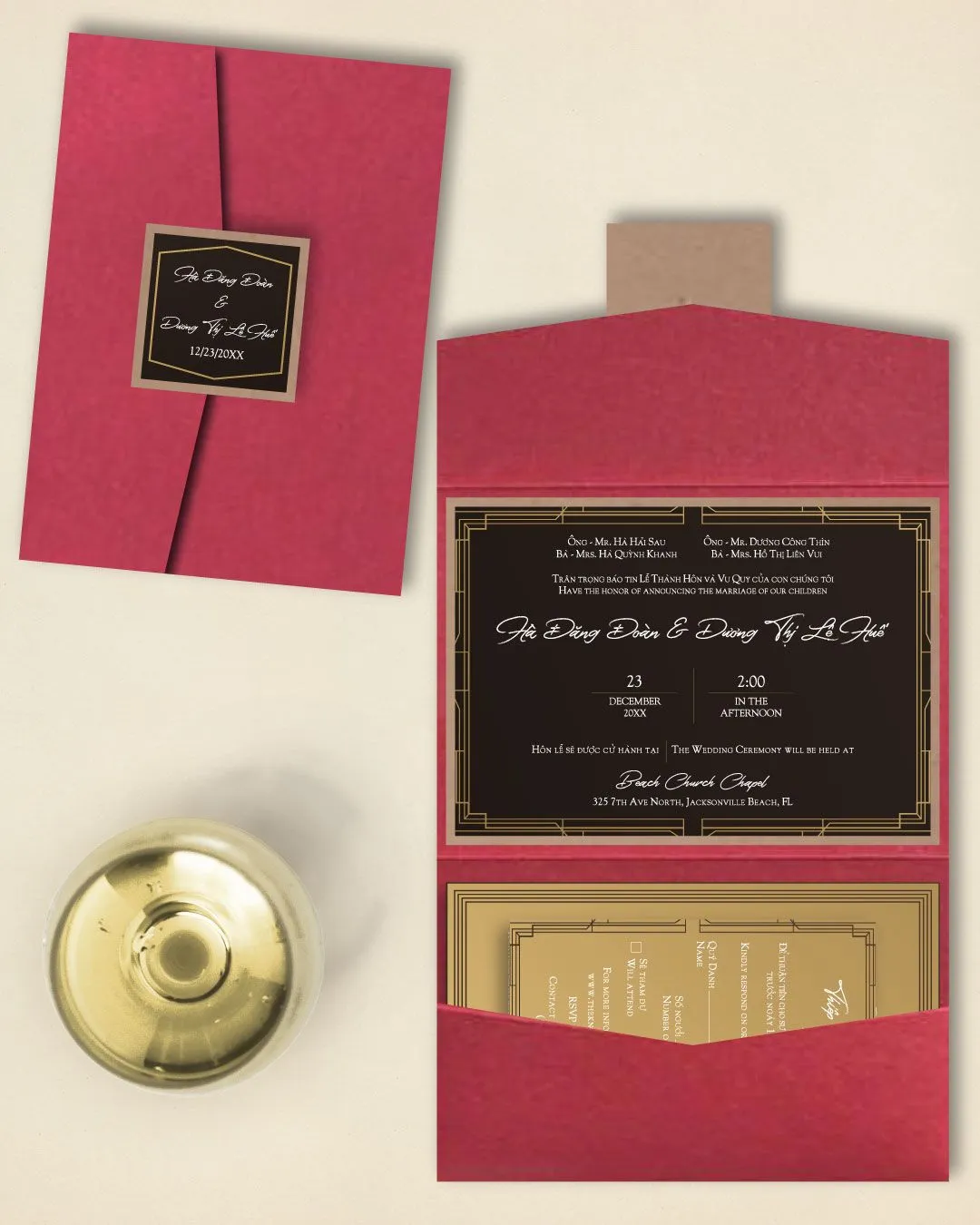 Elegant Frame A7 Atlas Pocket Vietnamese & English Wedding Invitation