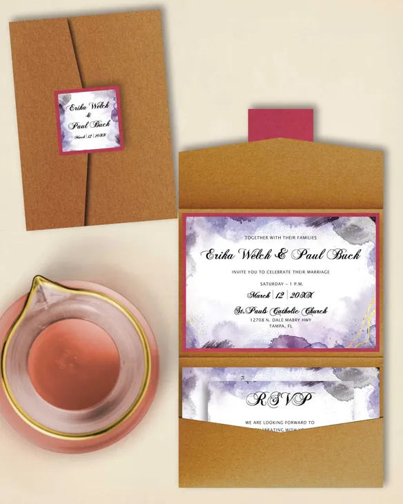 Elegant Watercolor Stephanie A7 Atlas Pocket Wedding Invitation