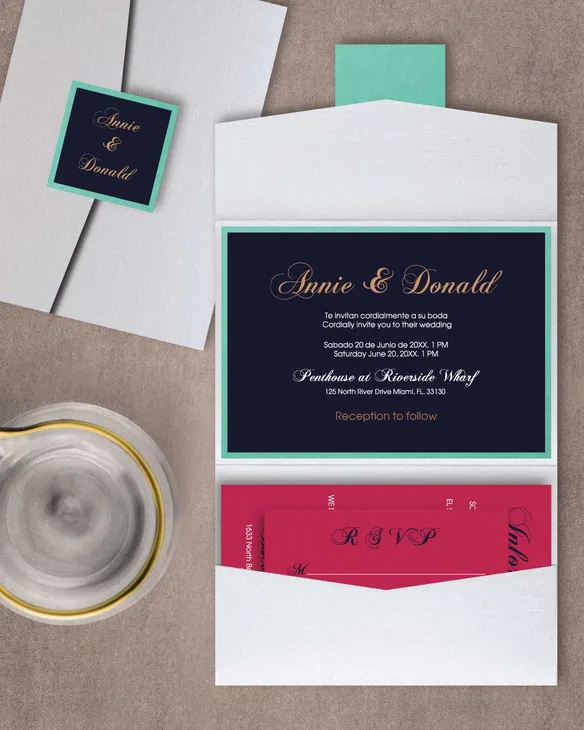 Solid Susan A7 Atlas Pocket Spanish & English Wedding Invitation