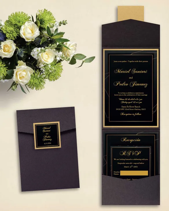 Black with Gold Stripes A7 Cascade Pocket Spanish & English Wedding Invitation