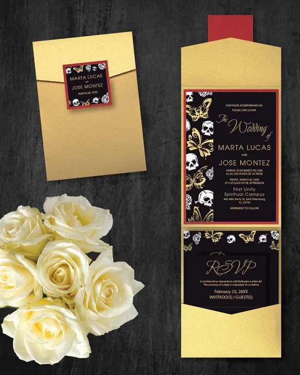 Gothic Skulls and Butterflies A7 Cascade Pocket Spanish & English Wedding Invitation