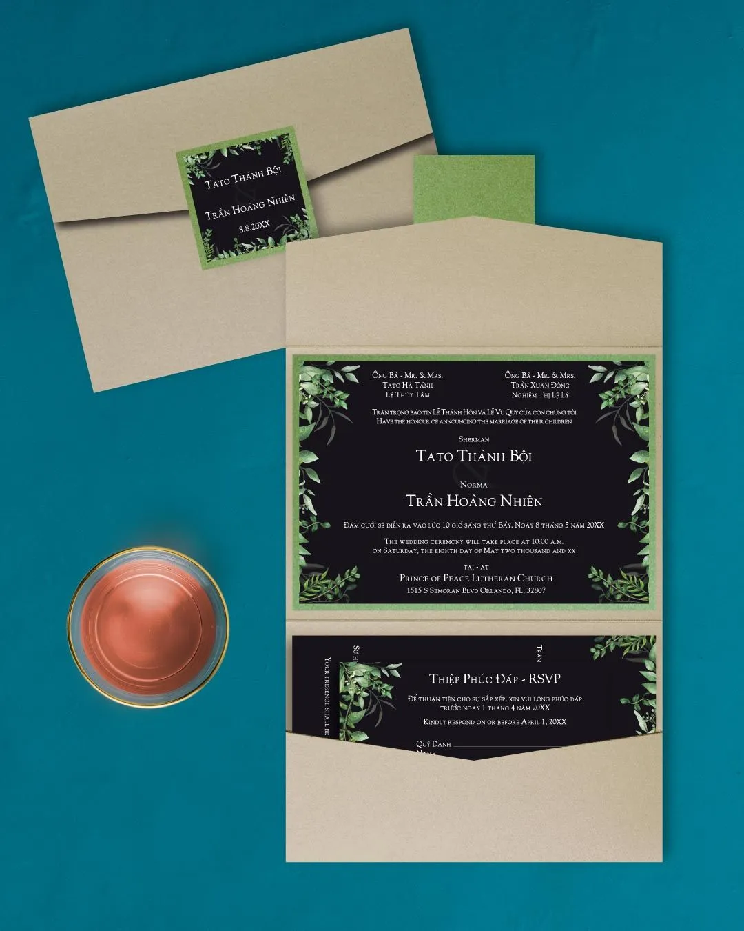 Watercolor Leaves Ronald A7 Atlas Pocket Vietnamese & English Wedding Invitation