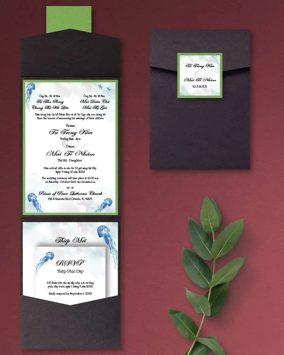 Nautical Jellyfish A7 Cascade Pocket Vietnamese & English Wedding Invitation