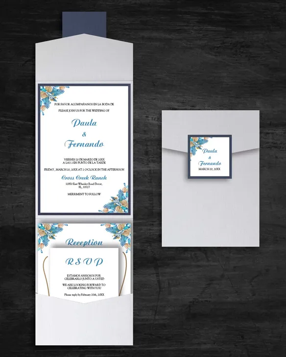 Light Blue Flowers A7 Cascade Pocket Spanish & English Wedding Invitation