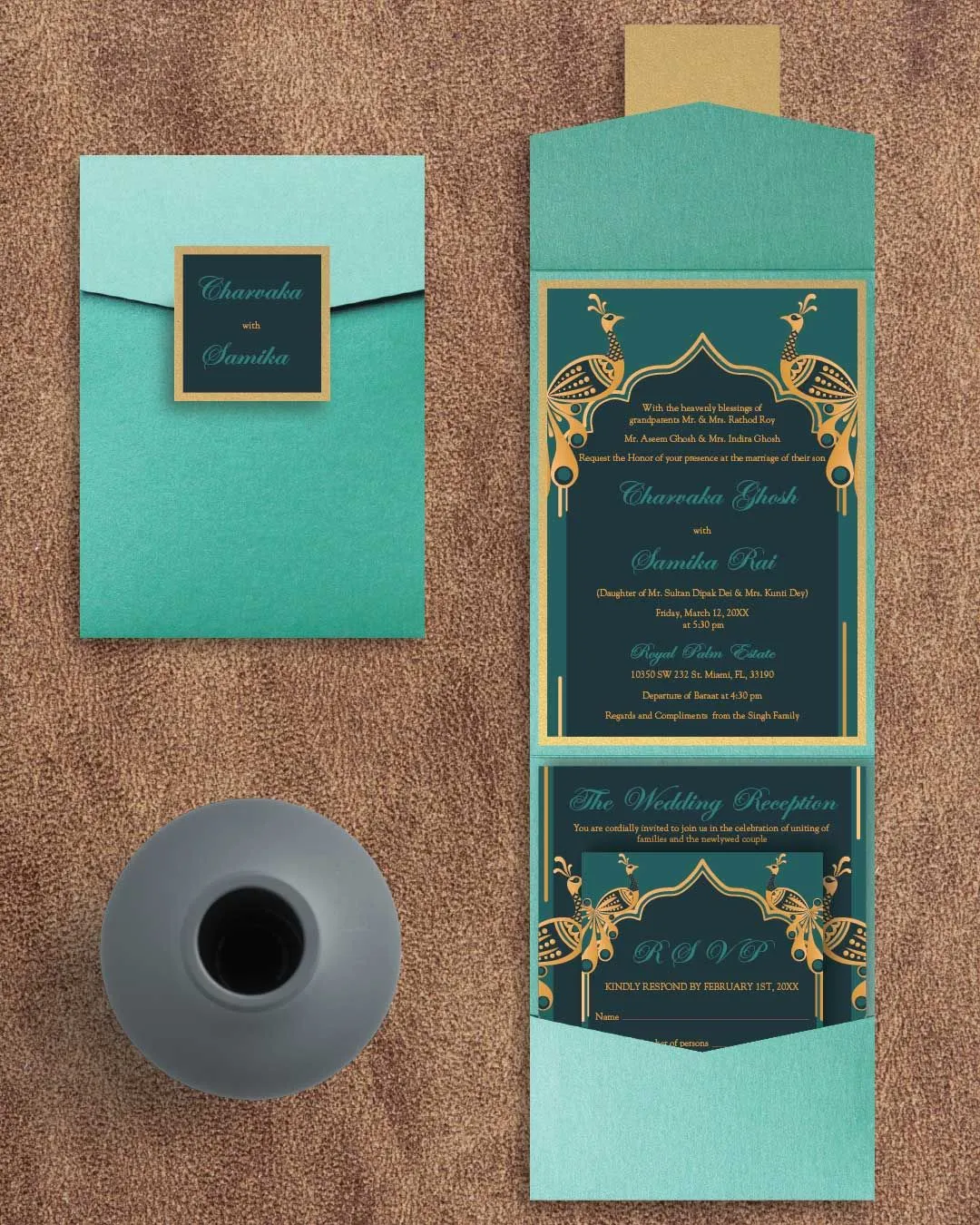 Shining peacock Gold A7 Cascade Pocket Wedding Invitation