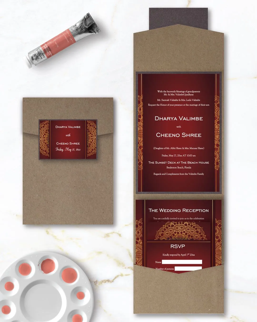 Delicate Mandala on Red A7 Cascade Pocket Wedding Invitation