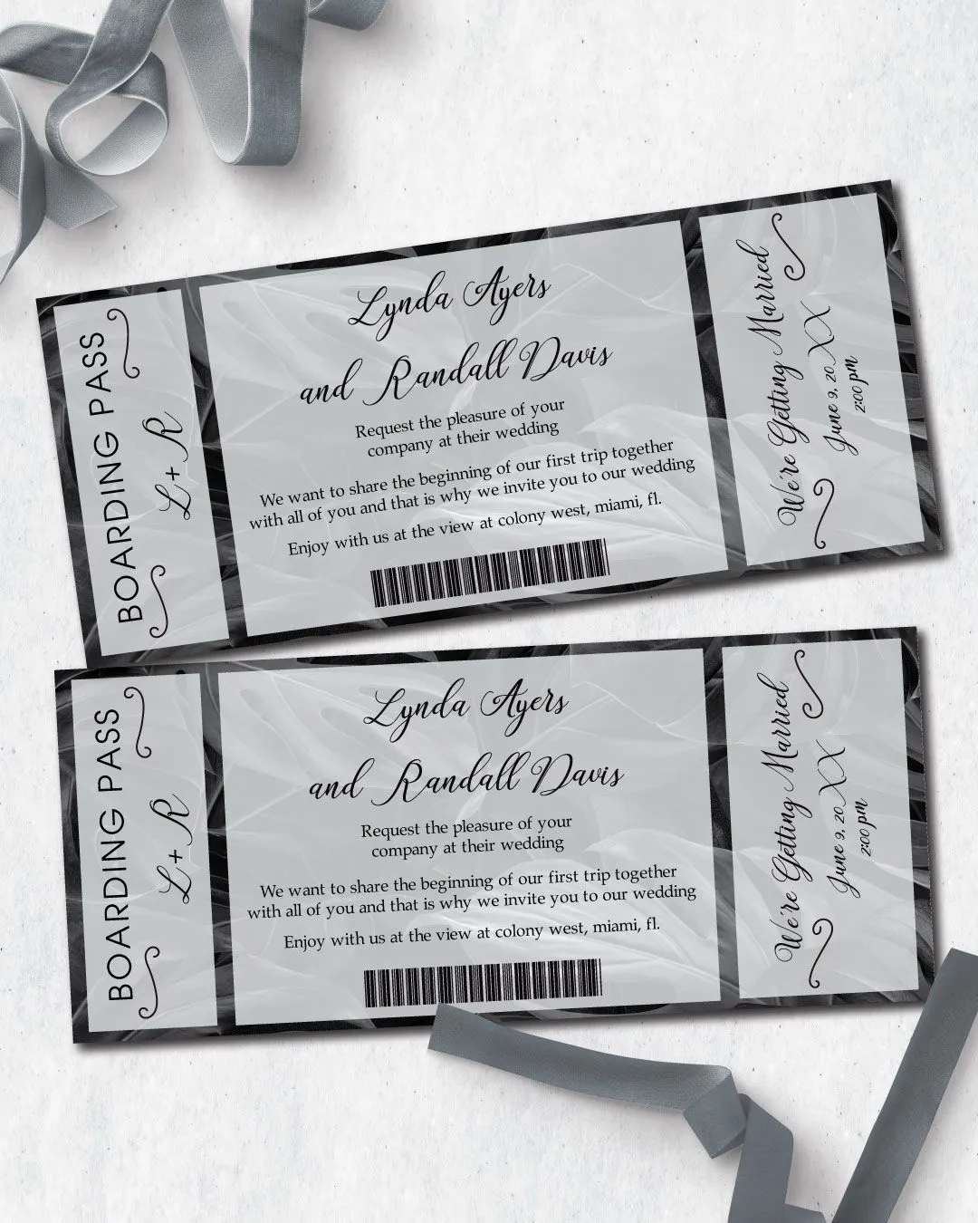 Ticket Elegant Leaves Boarding Pass Wedding Invitations 1
