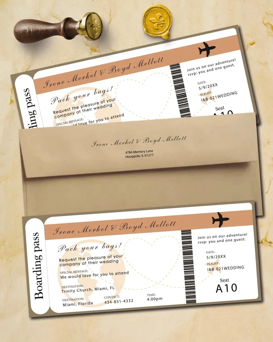 Brown Vintage Ticket Boarding Pass Wedding Invitations