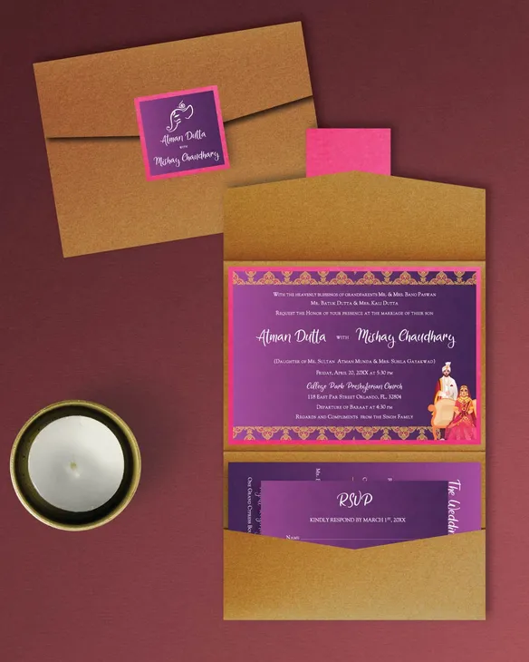 Indian Wedding and Groom A7 Atlas Pocket Wedding Invitation
