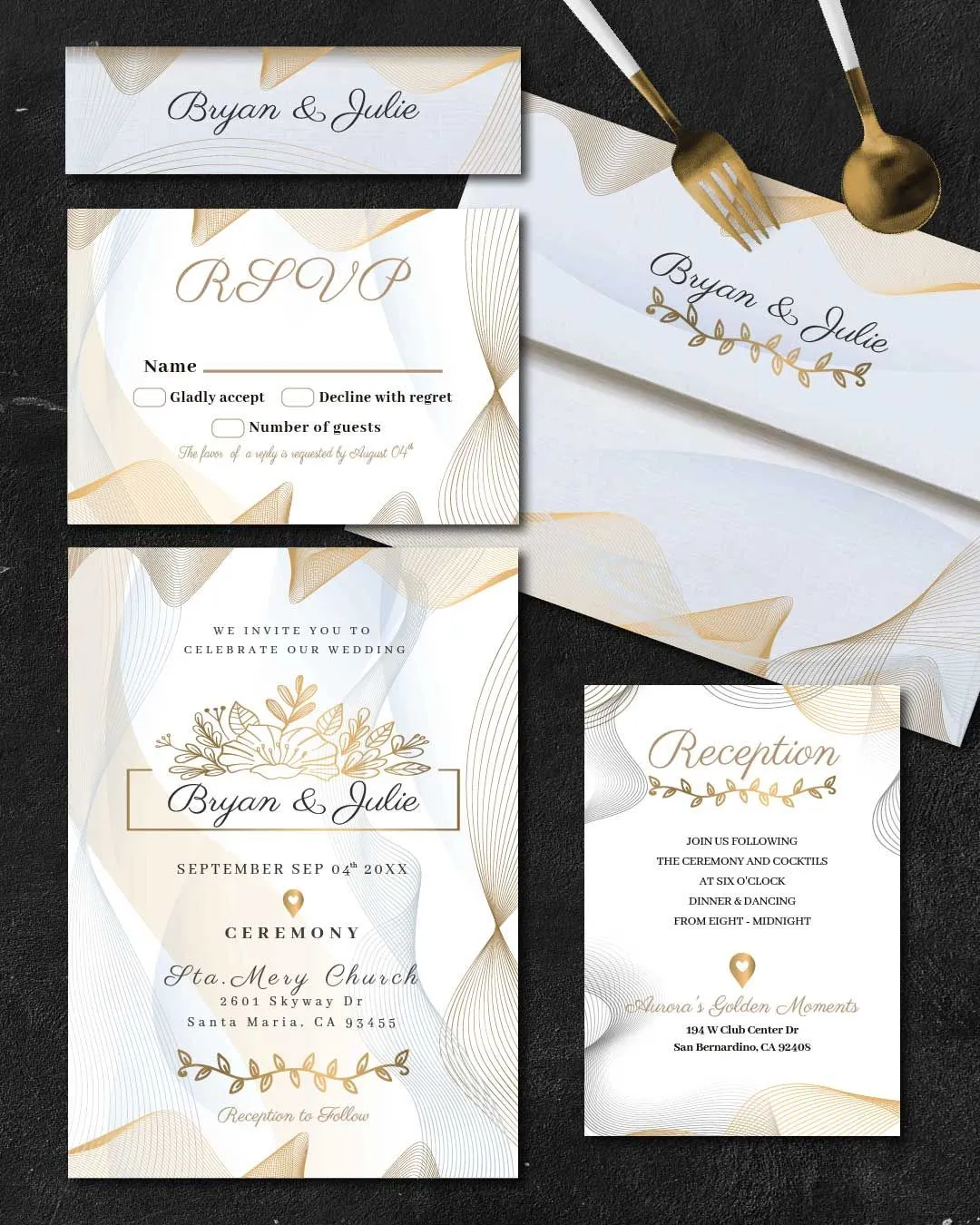 Abstract Golden Waves Simple Flat 5x7 Wedding Invitation