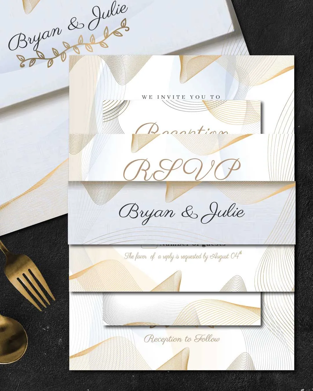 Abstract Golden Waves Simple Flat 5x7 Wedding Invitation