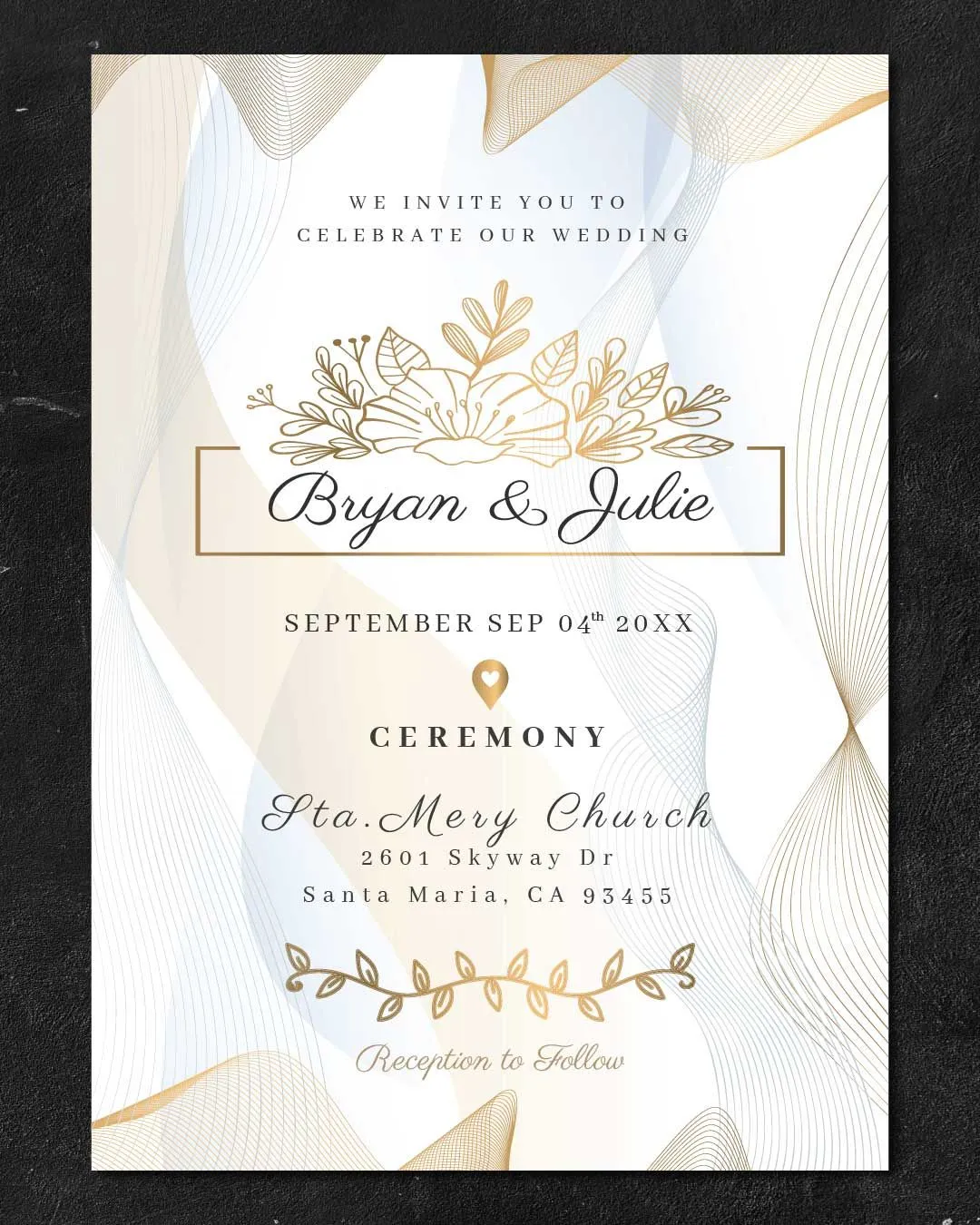 Abstract Golden Waves Simple Flat 5x7 Wedding Invitation