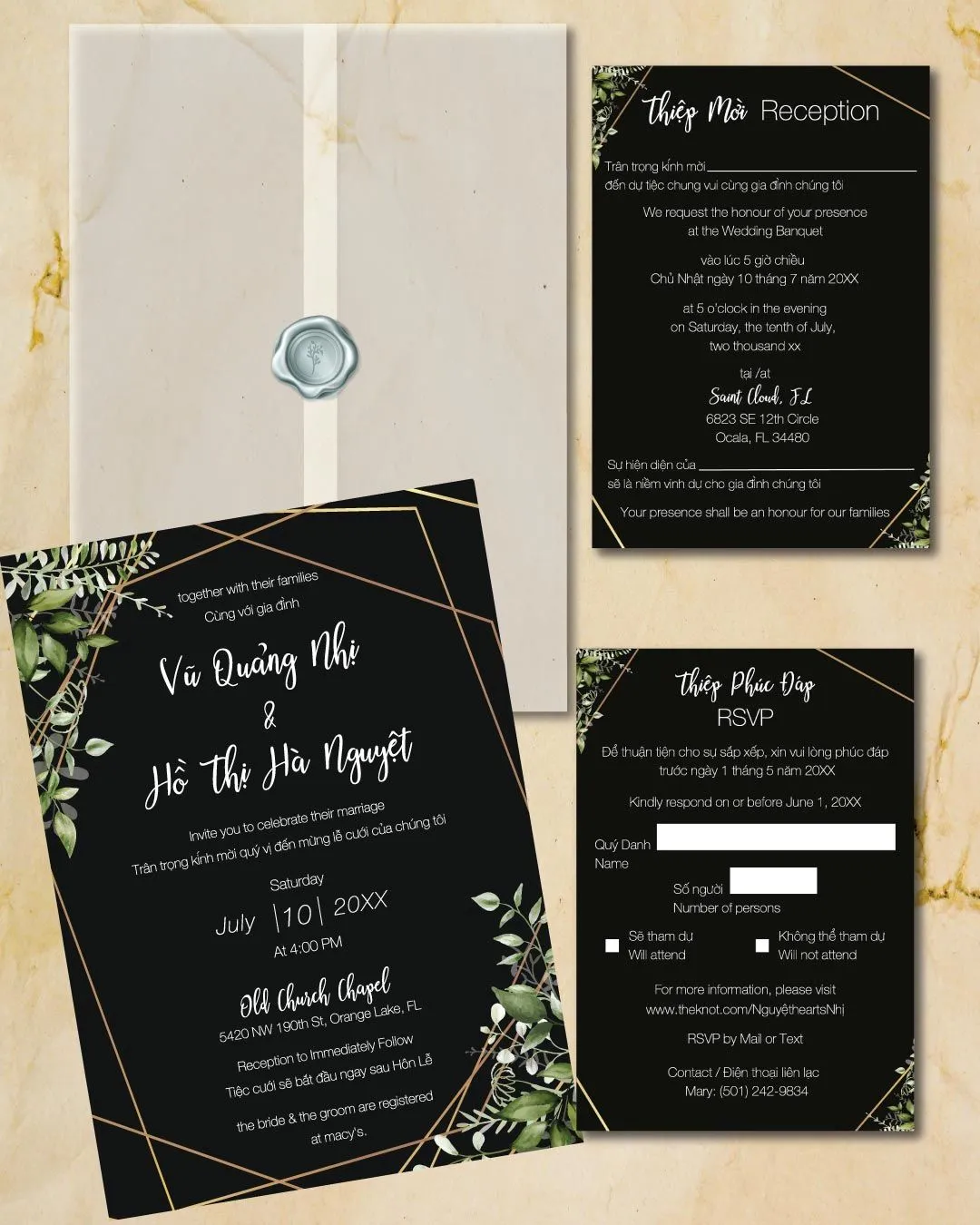 Leaves Gold Frames Vellum Wrapped Vietnamese & English Wedding Invitation