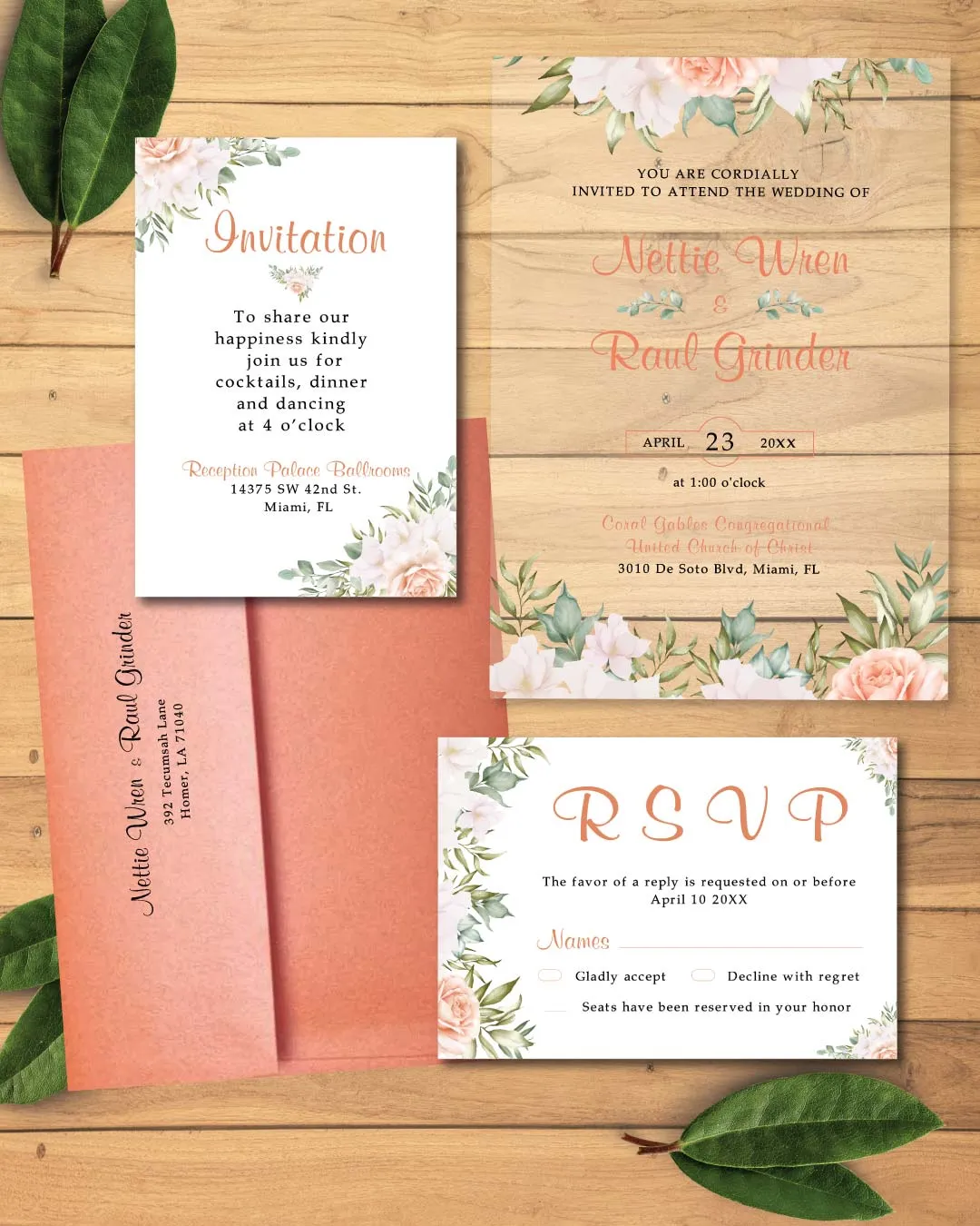 Old Pink Flowers Acrylic Wedding Invitation