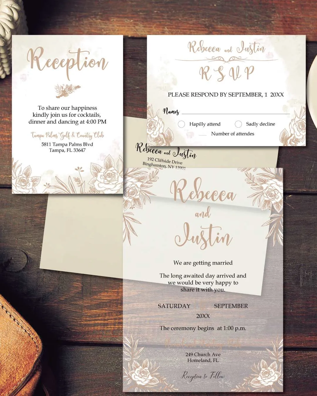 Beige Flower And Branch Acrylic Wedding Invitation