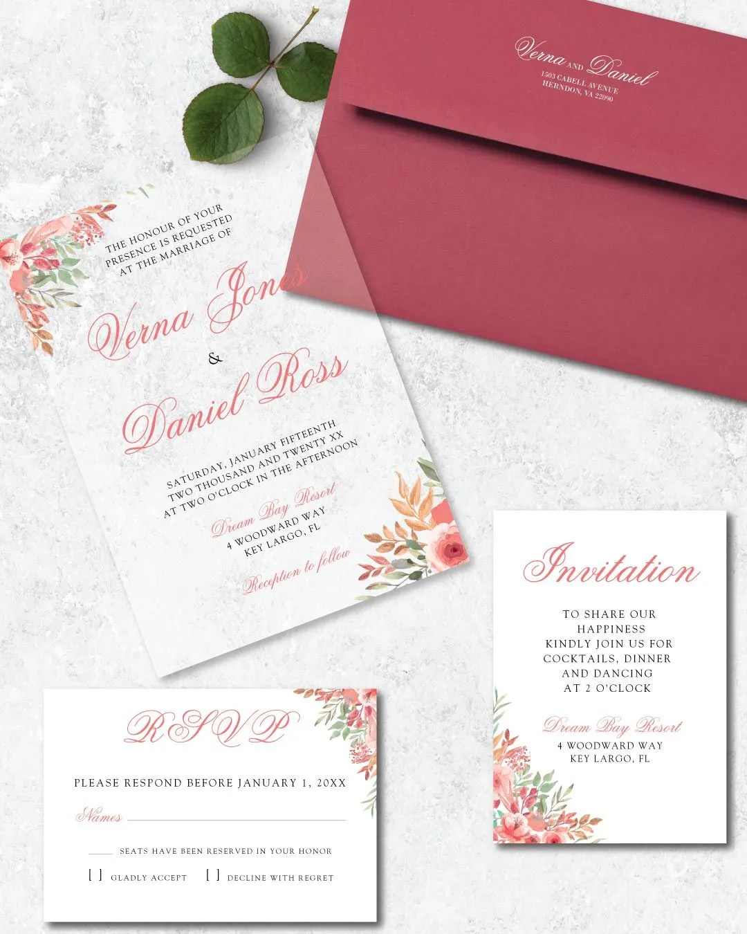 Flower Corners and Pink Acrylic Wedding Invitation